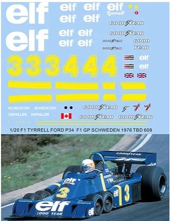 TBD609 1/20 DECALS TYRRELL FORD P34 SWEDEN F1 GP 1976 SCHECKTER DEPAILLER DECAL TBD609